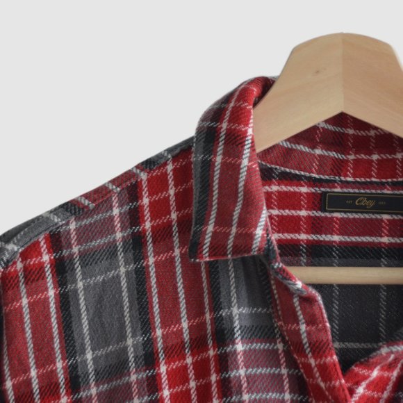 Obey Plaid Flannel Button-Up Shirt – Red/Black, Size S - Picture 2 of 4